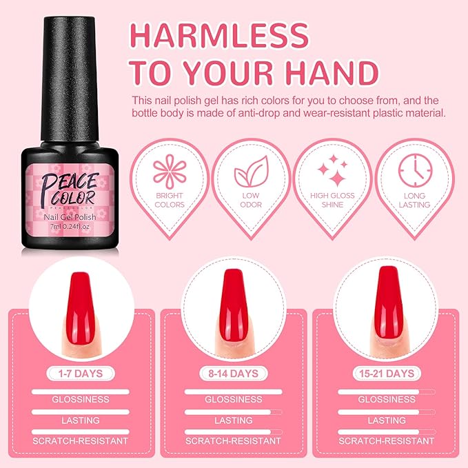 PEACECOLOR 60PCS Gel Nail Polish Set Gel Nail Polish Starter Kit White Nude Glitter Red Colours with Base Coat and Glitter Matte Glossy Top Coat Manicure Kit DIY Home Gifts for Women - Image 5