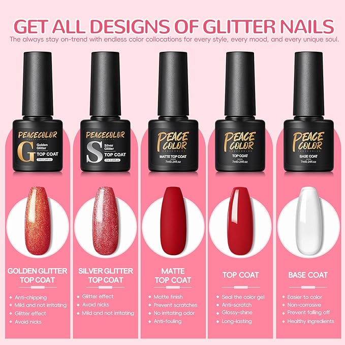 PEACECOLOR 60PCS Gel Nail Polish Set Gel Nail Polish Starter Kit White Nude Glitter Red Colours with Base Coat and Glitter Matte Glossy Top Coat Manicure Kit DIY Home Gifts for Women - Image 4