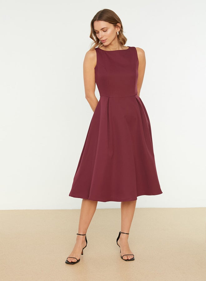 trendyol Plum Waist Open Pleated Lined Midi Woven Dress  - Image 1