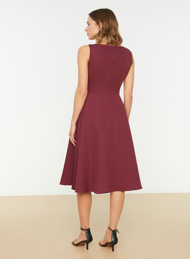 trendyol Plum Waist Open Pleated Lined Midi Woven Dress  - Image 5