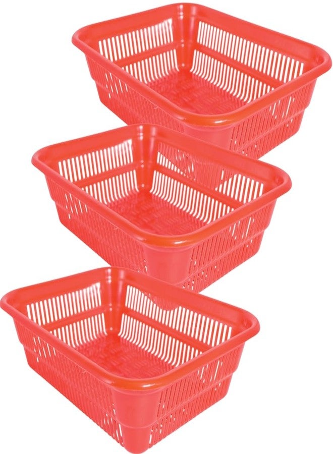 MORVI Simplex-1 Multi-Purpose Plastic Storage Basket|Durable Stackable Organizer Tokri For Home,Kitchen,Bathroom & Office|Ideal For Toys,Clothes,Cosmetics,Stationery|Set Of 3|Red - Image 1