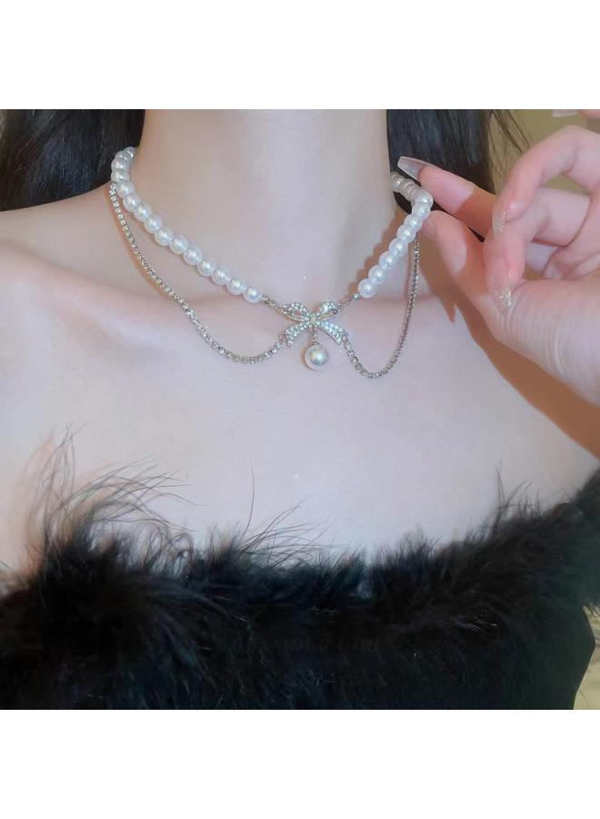 Broken Silver Pearl Necklace High-end Accessories French Light Luxury Love Heart Clavicle Chain Niche Dress Necklace Accessories Women
