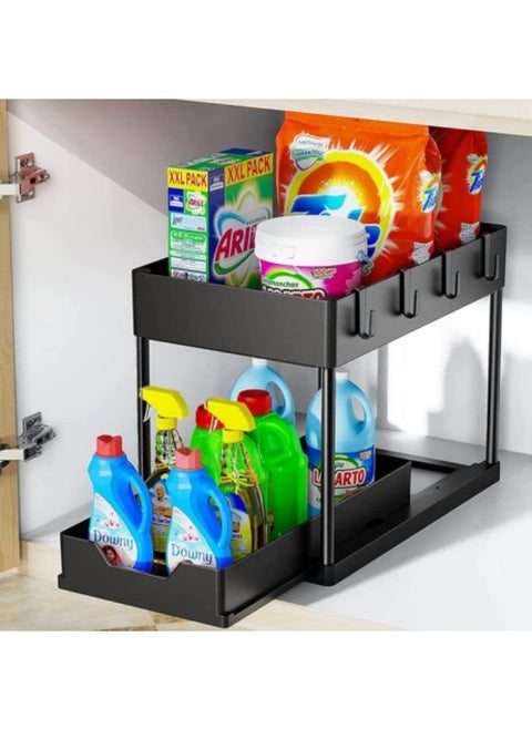 Under Sink Organizer, Under Bathroom Sink Storage 2 Tier Organizer Bath Collection Baskets with Hooks