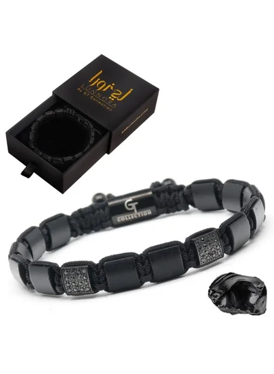 Lunnora Black Onyx Flat Beads Handmade Natural Stone Bead Bracelet – Bracelet for Men, Men’s Bracelet, Gifts for Men, Bracelets for Men – Adjustable One Size Fits All