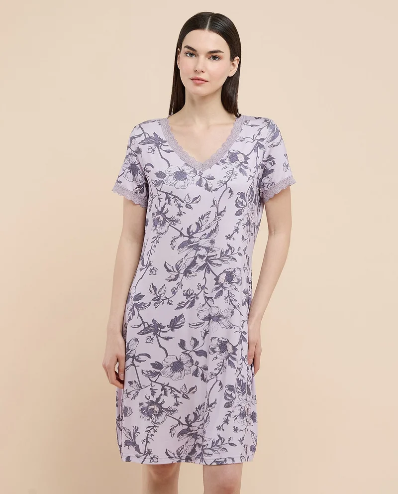R&B Printed Nightdress with V-Neck and Short Sleeves