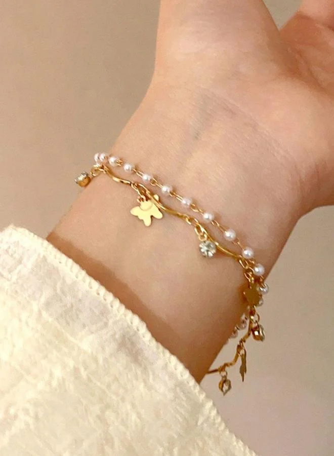 Take Two Butterfly Faux Pearl Layered Bracelet