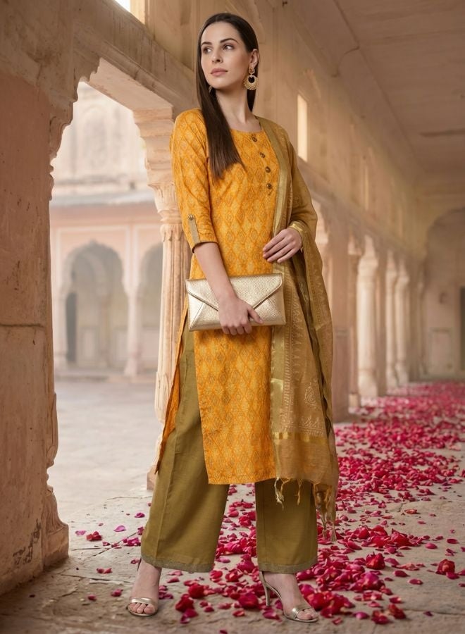 Yuris Women Yellow  Brown Printed Kurta with Palazzos  Dupatta - Image 3