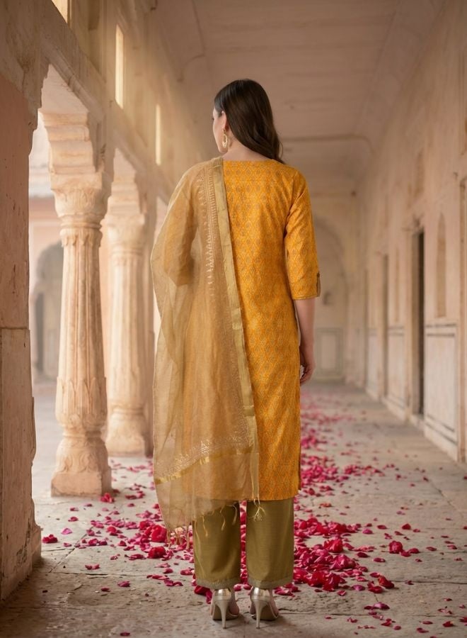 Yuris Women Yellow  Brown Printed Kurta with Palazzos  Dupatta - Image 5