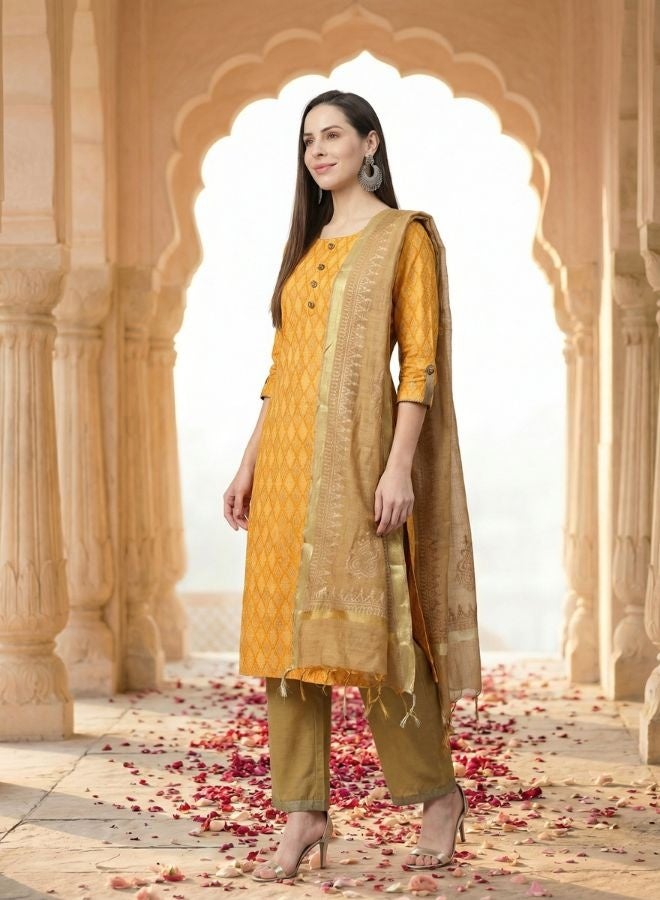 Yuris Women Yellow  Brown Printed Kurta with Palazzos  Dupatta - Image 4