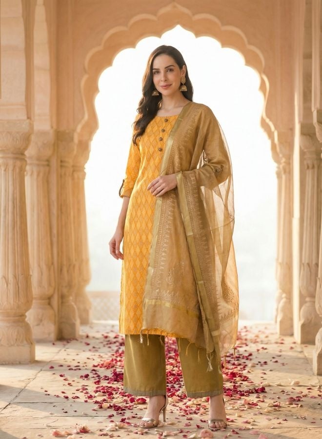 Yuris Women Yellow  Brown Printed Kurta with Palazzos  Dupatta - Image 1