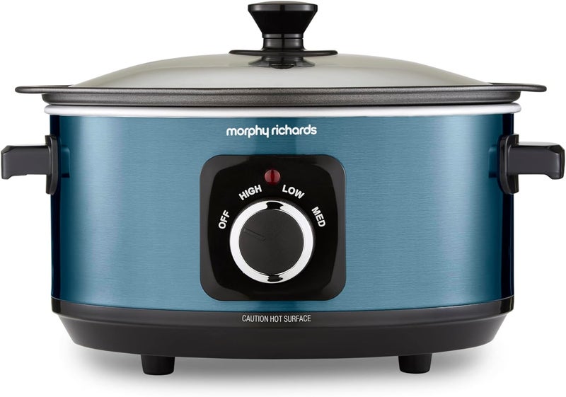 مورفي ريتشاردز قدر الطهي البطيء من ماركة Morphy Richards سعة 3.5 لتر، مقاوم للصدمات، مصنوع من الألمنيوم غير لاصق، قابل للاستخدام مرة واحدة فقط، مدمج الحجم، يحتوي على 3 إعدادات حرارية، مقاوم للحرائق، ويأتي مع غطاء زجاجي. - Image 1