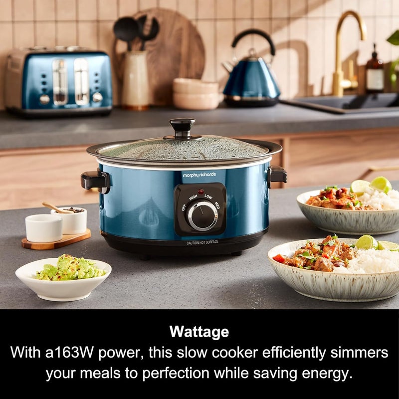 مورفي ريتشاردز قدر الطهي البطيء من ماركة Morphy Richards سعة 3.5 لتر، مقاوم للصدمات، مصنوع من الألمنيوم غير لاصق، قابل للاستخدام مرة واحدة فقط، مدمج الحجم، يحتوي على 3 إعدادات حرارية، مقاوم للحرائق، ويأتي مع غطاء زجاجي. - Image 5