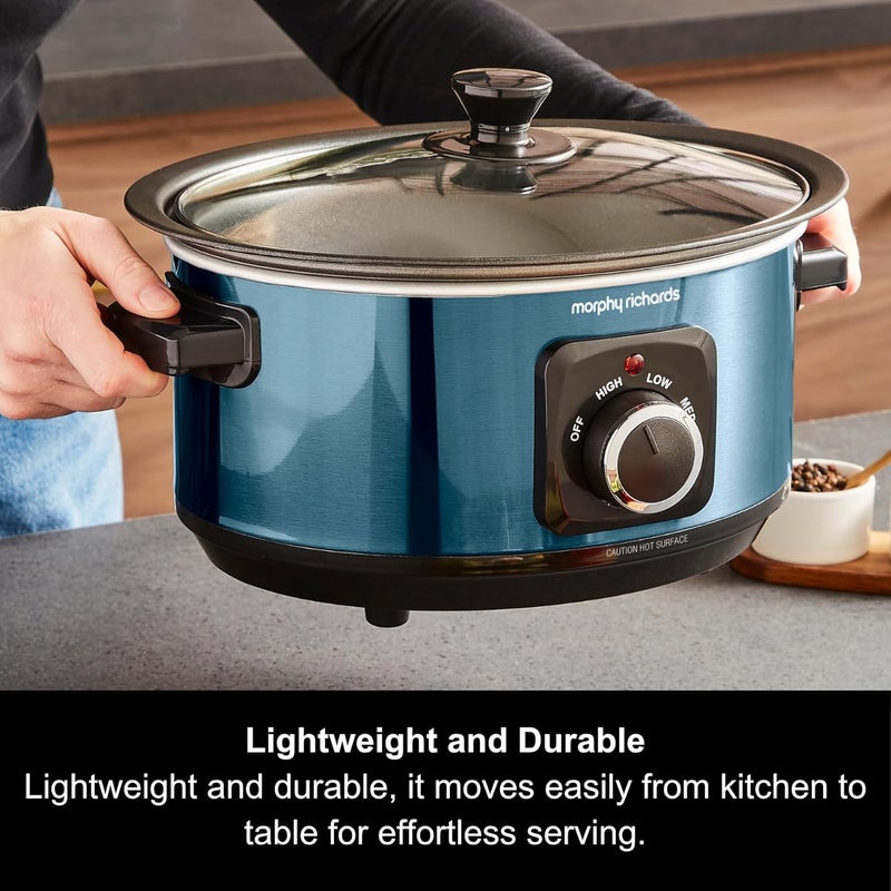 مورفي ريتشاردز قدر الطهي البطيء من ماركة Morphy Richards سعة 3.5 لتر، مقاوم للصدمات، مصنوع من الألمنيوم غير لاصق، قابل للاستخدام مرة واحدة فقط، مدمج الحجم، يحتوي على 3 إعدادات حرارية، مقاوم للحرائق، ويأتي مع غطاء زجاجي. - Image 2