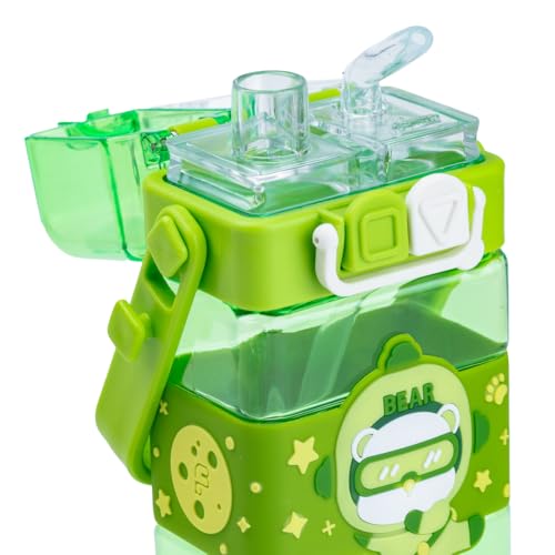 Elecart Dino Kid's Cartoon Water Bottle with Adjustable Strap – Cute Double Drinking Straw Cup | Leak-Proof, Portable Tumbler – 500ML – Perfect for School & Outdoor Fun (Bear) - Image 2