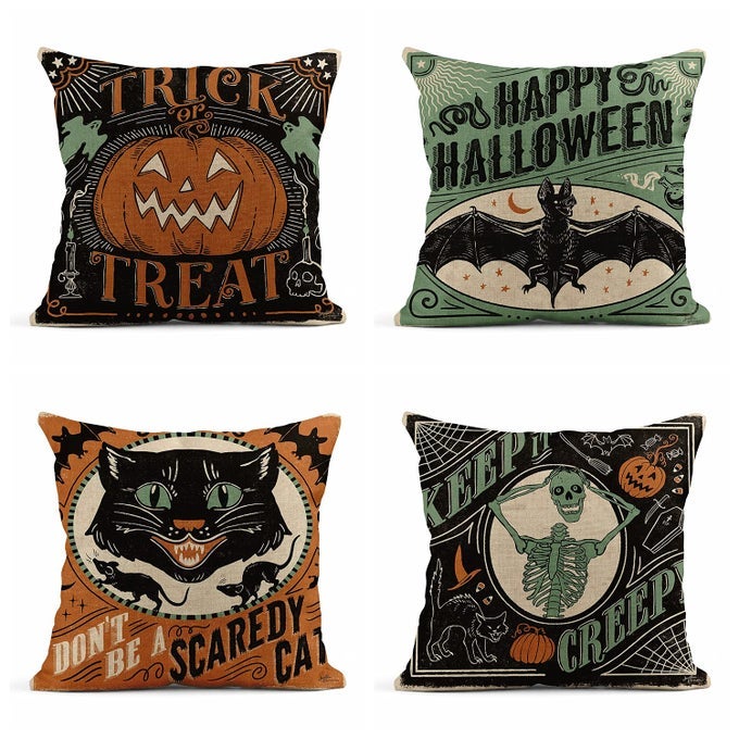 SET OF 4 LINEN THROW PILLOW COVERS 18X18 INCH VINTAGE HALLOWEEN SCAREDY CATS PUMPKINS SKELETONS HOME DECOR PILLOWCASE SQUARE CUSHION COVERS FOR SOFA BED COUCH