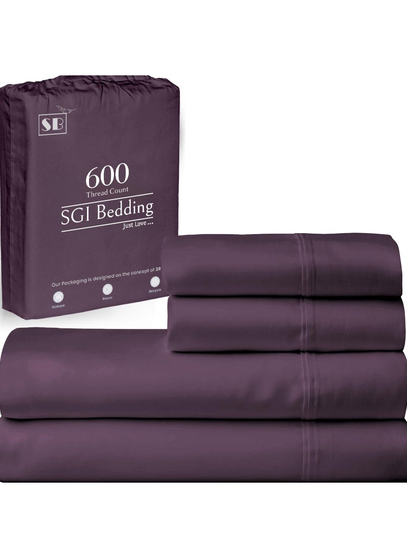 SGI bedding SGI bedding 600 Thread Count 4 Piece 100% Egyptian Cotton Full Size Sheets Set  15"" Deep Pocket Sheet Set  Premium  Breathable  Soft and Hotel-Quality Luxury Sheets - Plum  - Image 1