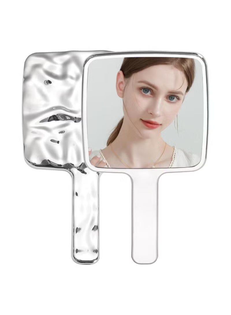 Beauenty Handheld Mirror, Water Ripples Hand Mirror with Handle for Make up, Square, Silver - Image 1