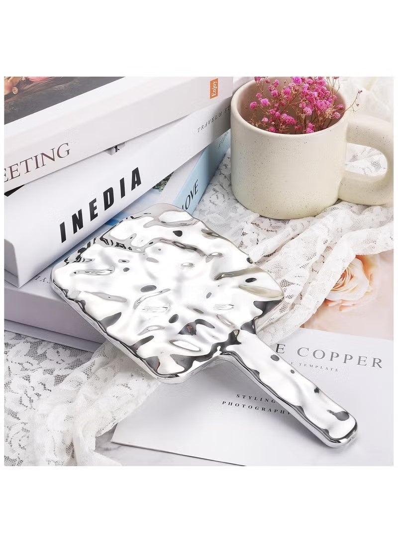 Beauenty Handheld Mirror, Water Ripples Hand Mirror with Handle for Make up, Square, Silver - Image 2