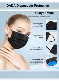 Dada 3 Layer Protective Mask, Disposable Black And White Face Masks, Flat & High Elastic Ear Loops, 50 Pcs/Box  - Image 2