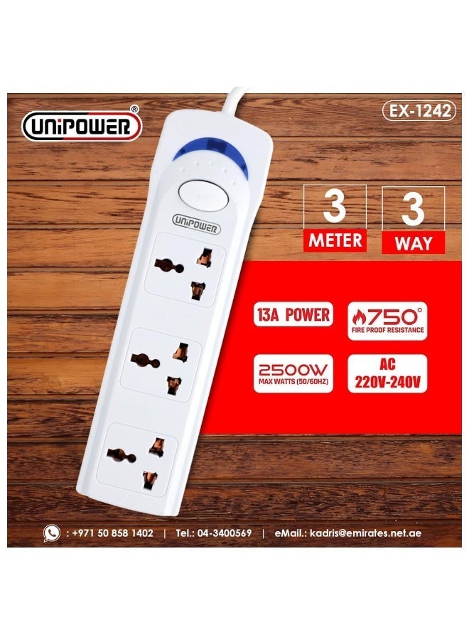 Unipower شرائط الطاقة يوني باور Ex-1242 كابل تمديد مع 3 مآخذ مع مفتاح، محول مقبس عالمي، مقبس شحن مع كابل تمديد بطول 3 متر (أبيض) - Image 4