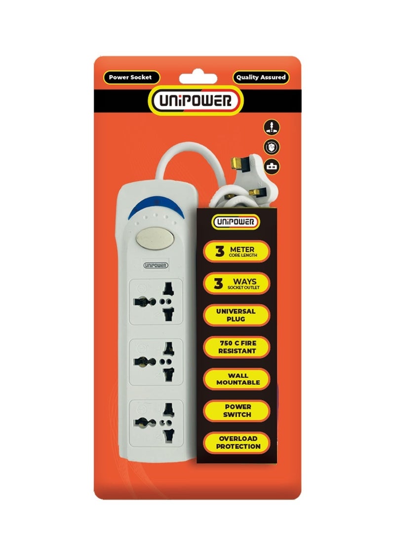 Unipower شرائط الطاقة يوني باور Ex-1242 كابل تمديد مع 3 مآخذ مع مفتاح، محول مقبس عالمي، مقبس شحن مع كابل تمديد بطول 3 متر (أبيض) - Image 2