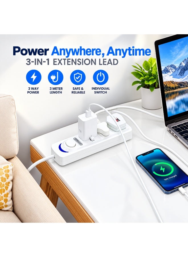 Unipower Power Strips Ex-1242 Extension Cord with 3 way Outlets with switch, Universal Plug Adapter, Charging Socket with 3 meter Extension Cord (White) - Image 3