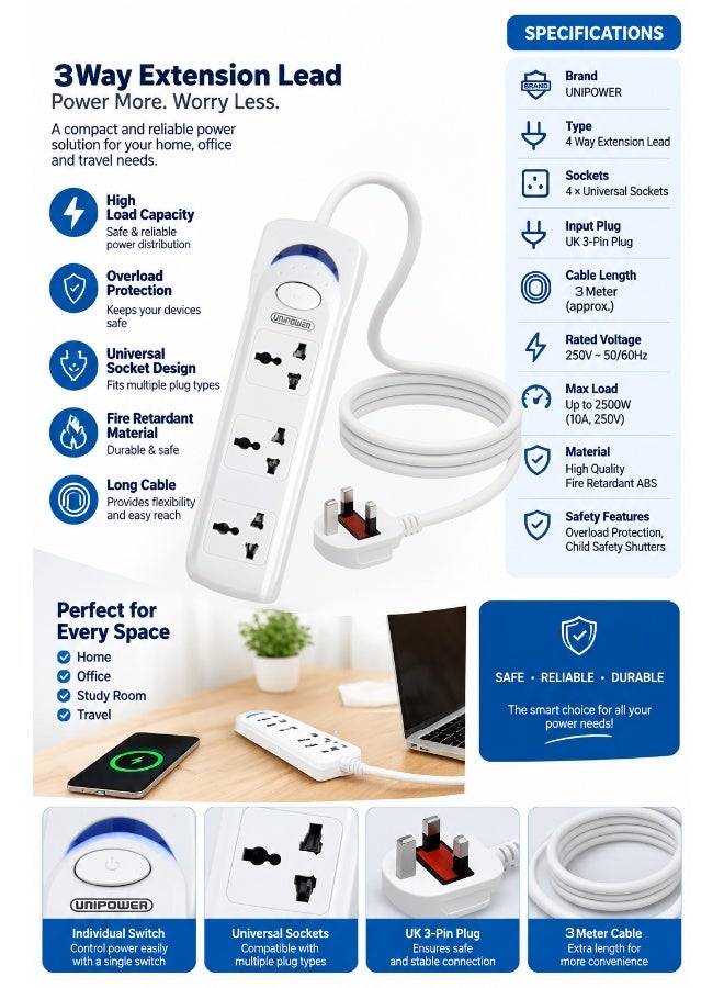Unipower Power Strips Ex-1242 Extension Cord with 3 way Outlets with switch, Universal Plug Adapter, Charging Socket with 3 meter Extension Cord (White) - Image 4