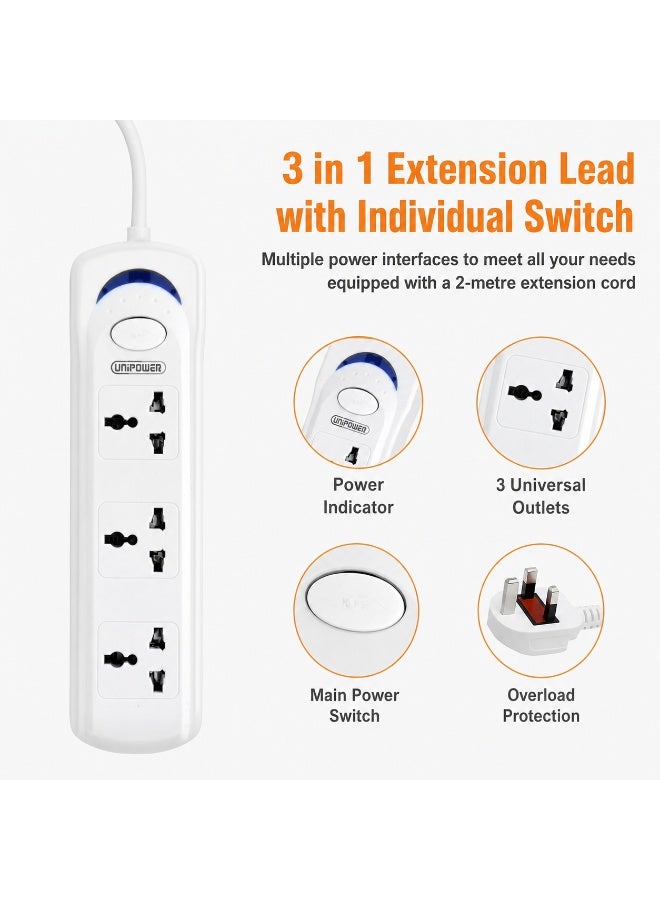 Unipower Power Strips Ex-1242 Extension Cord with 3 way Outlets with switch, Universal Plug Adapter, Charging Socket with 3 meter Extension Cord (White) - Image 2