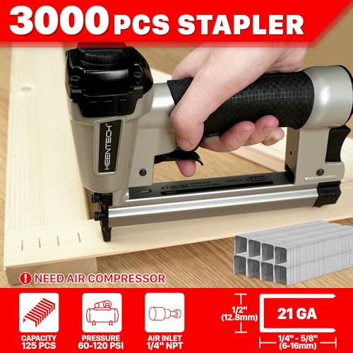KEENTECH Pneumatic Staple Gun 21 Gauge, Air Upholstery Stapler with 3000pcs 1/2" Crown Staples 1/4"-5/8", Ready-to-Use Pneumatic Nail Gun Tool Set with Safety Trigger for Wood Furniture Fabric Leather - Image 2