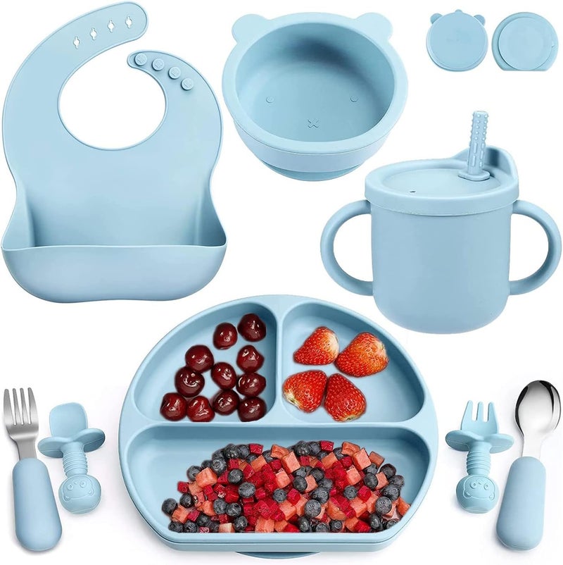 LinJie Baby Feeding Set - Silicone Tableware with Suction Bowl, Divided Plate, Sippy Cup, and Utensils for 6+ Months (Blue) - Image 1