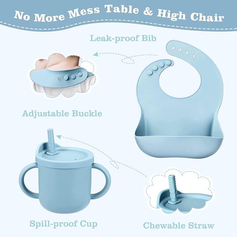 LinJie Baby Feeding Set - Silicone Tableware with Suction Bowl, Divided Plate, Sippy Cup, and Utensils for 6+ Months (Blue) - Image 5