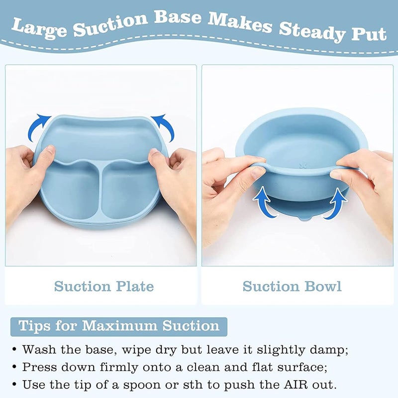 LinJie Baby Feeding Set - Silicone Tableware with Suction Bowl, Divided Plate, Sippy Cup, and Utensils for 6+ Months (Blue) - Image 4