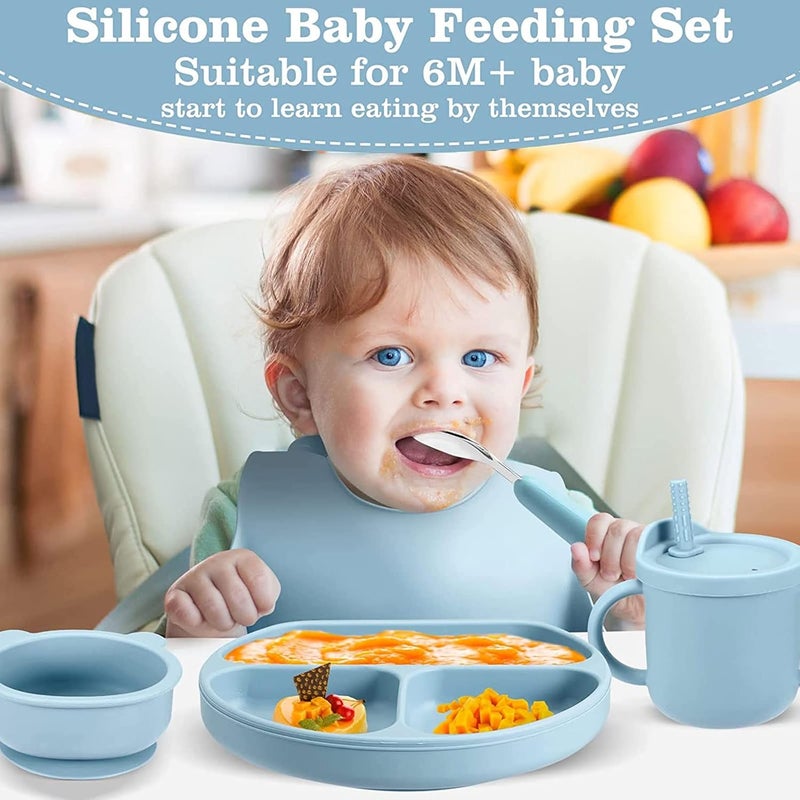 LinJie Baby Feeding Set - Silicone Tableware with Suction Bowl, Divided Plate, Sippy Cup, and Utensils for 6+ Months (Blue) - Image 3