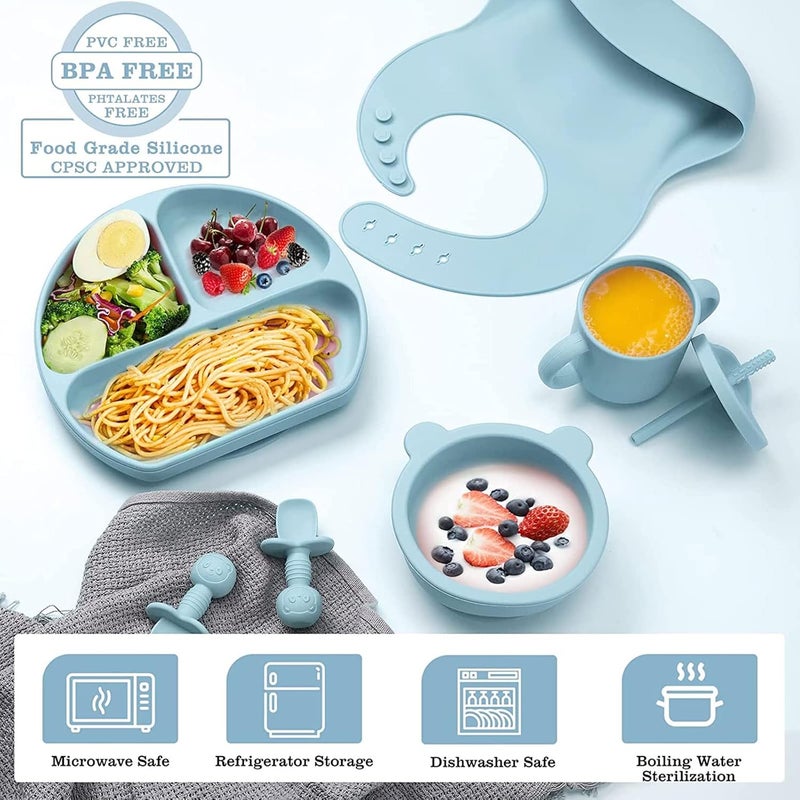 LinJie Baby Feeding Set - Silicone Tableware with Suction Bowl, Divided Plate, Sippy Cup, and Utensils for 6+ Months (Blue) - Image 2