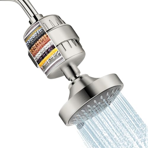 FEELSO Shower Head and 15 Stage Shower Filter Combo, FEELSO High Pressure 5 Spray Filtered Showerhead with Water Softener Filters for Hard Water Remove Chlorine and Harmful Substances (Nickel Brushed) - Image 1