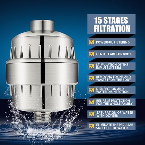 FEELSO Shower Head and 15 Stage Shower Filter Combo, FEELSO High Pressure 5 Spray Filtered Showerhead with Water Softener Filters for Hard Water Remove Chlorine and Harmful Substances (Nickel Brushed) - Image 2