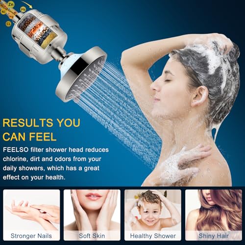 FEELSO Shower Head and 15 Stage Shower Filter Combo, FEELSO High Pressure 5 Spray Filtered Showerhead with Water Softener Filters for Hard Water Remove Chlorine and Harmful Substances (Nickel Brushed) - Image 3