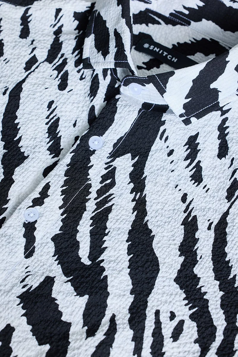 سنيتش White Animal Print Long Sleeve Slim Fit Casual Shirt
