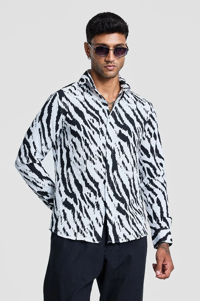 سنيتش White Animal Print Long Sleeve Slim Fit Casual Shirt