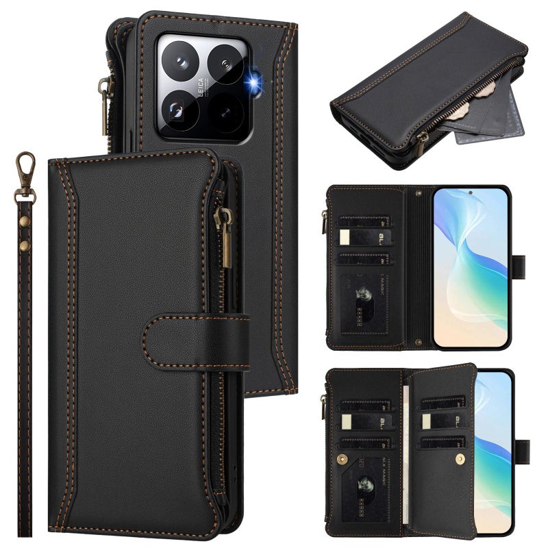 erorex For Xiaomi 15T Pro 5G Magnetic Closure 9 Card Slots Zipper Leather Case with Hand Strap(Black) - Image 1