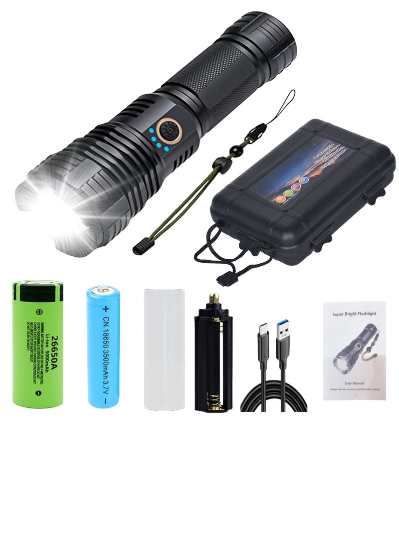 مجموعة من 7 قطع، مصباح يدوي خارجي مخصص LED عالي اللومن قابل لإعادة الشحن، XHP70.2 فائق السطوع ببطارية مزدوجة 18650 + 26650، مصباح طوارئ للتخييم والمشي لمسافات طويلة، مصباح يدوي يعمل بالبطارية، أداة إضاءة خارجية مقاومة للماء IPX5 مناسبة للتخييم في حالات الطوارئ والمشي لمسافات طويلة، بطاريات مزدوجة تلبي الاحتياجات اليومية - Image 2