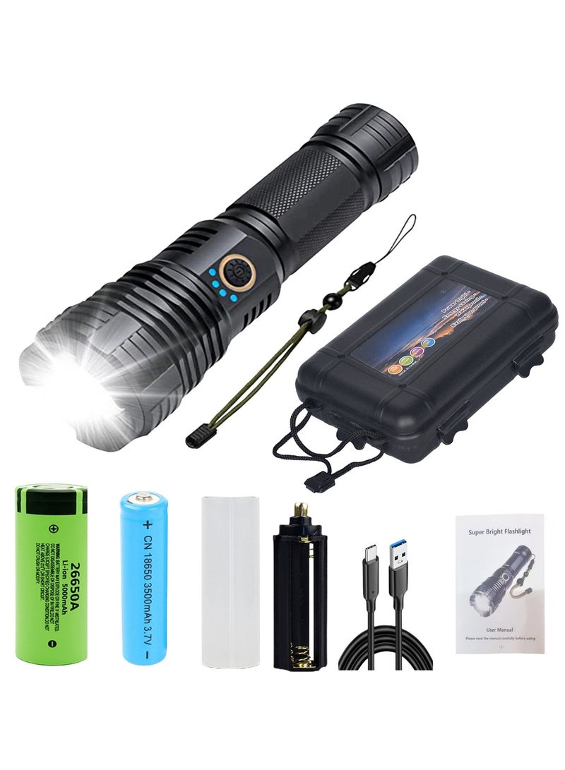 LED High Lumens Rechargeable Flashlight XHP70.2, Super Bright Tactical Torch with Dual Battery 18650 & 26650, IPX5 Waterproof, Power Indicator, Outdoor Emergency Flashlight for Camping, Hiking, Adventure - Image 1