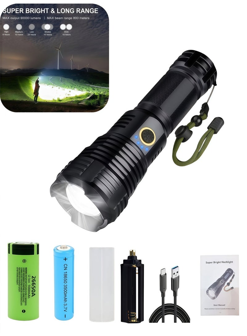 High Power Rechargeable LED Flashlight with Large Capacity Battery, Zoomable 5 Modes Waterproof Torch for Camping Outdoor Emergency - Image 1
