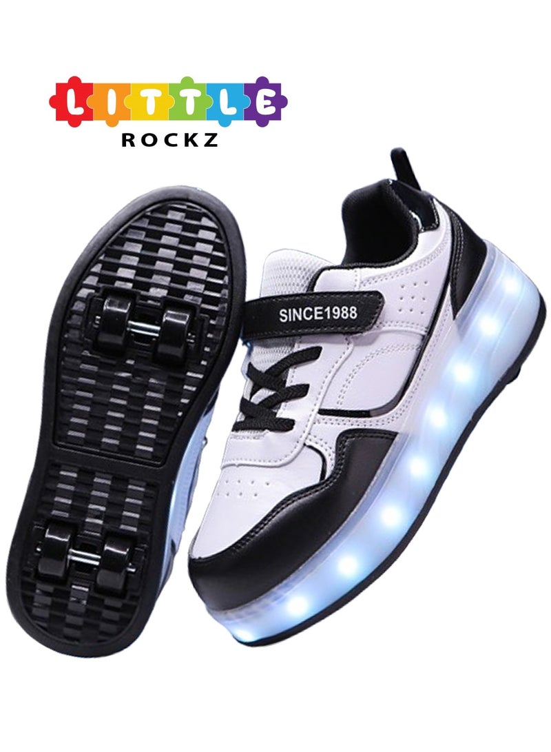 LITTLE ROCKZ Kids Four Wheel Roller Shoes Rechargeable LED Flash Light Sneaker Skate Heelys Shoes Black - Image 1