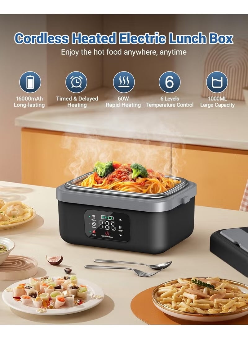 BlueFire 8000mAh Rechargeable Electric Lunch Box for Adults – 60W Fast Self-Heating Portable Food Warmer with Smart Timer, Adjustable Temperature, Delay Start & Auto Keep-Warm | 1L Stainless Steel Container, Cordless Meal Heater with Insulated Bag for Office, Car, Travel, Worksites & Outdoor Use - Image 2