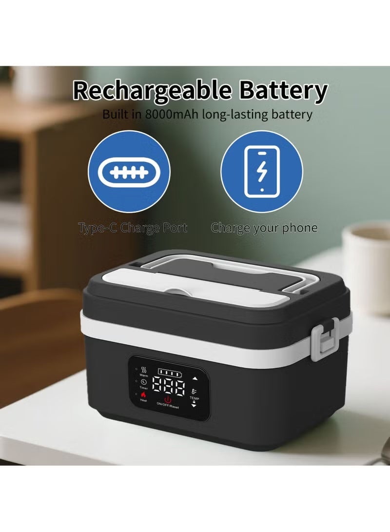 BlueFire 8000mAh Rechargeable Electric Lunch Box for Adults – 60W Fast Self-Heating Portable Food Warmer with Smart Timer, Adjustable Temperature, Delay Start & Auto Keep-Warm | 1L Stainless Steel Container, Cordless Meal Heater with Insulated Bag for Office, Car, Travel, Worksites & Outdoor Use - Image 4