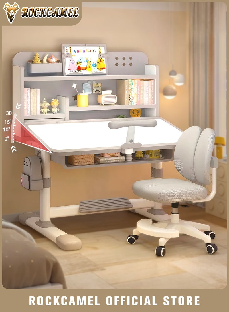 ROCKCAMEL Kids Study Desk & Chair Set, Height-Adjustable Learning Table with Bookshelf, Posture Corrector, Drawer Storage, 80cm Wide Ergonomic Learning Table for Bedroom | Reading | Online Classes, Grey - Image 1