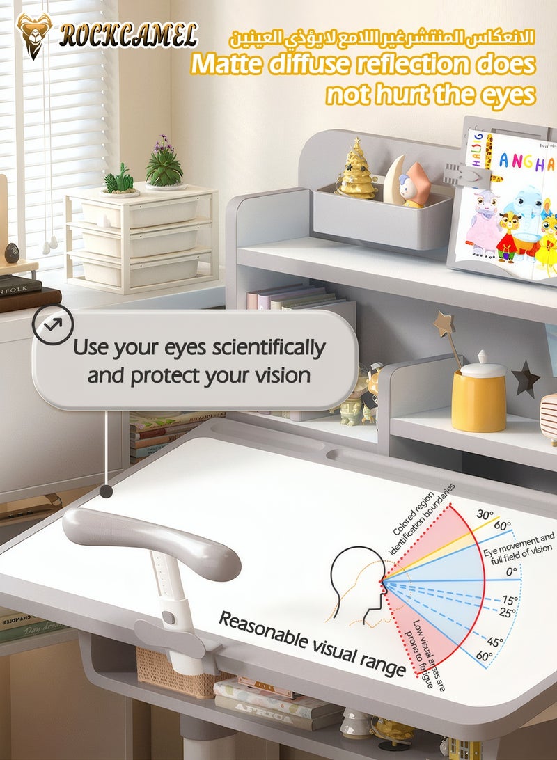 ROCKCAMEL Kids Study Desk & Chair Set, Height-Adjustable Learning Table with Bookshelf, Posture Corrector, Drawer Storage, 80cm Wide Ergonomic Learning Table for Bedroom | Reading | Online Classes, Grey - Image 5