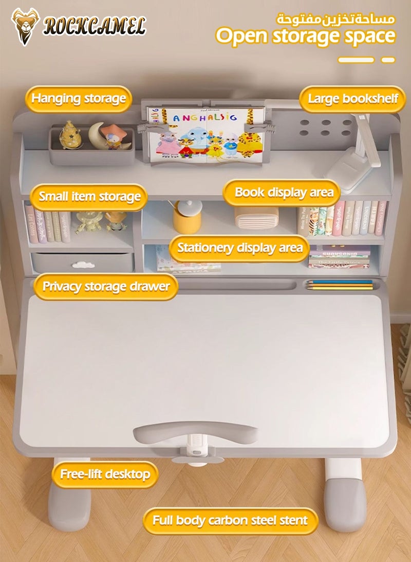 ROCKCAMEL Kids Study Desk & Chair Set, Height-Adjustable Learning Table with Bookshelf, Posture Corrector, Drawer Storage, 80cm Wide Ergonomic Learning Table for Bedroom | Reading | Online Classes, Grey - Image 2