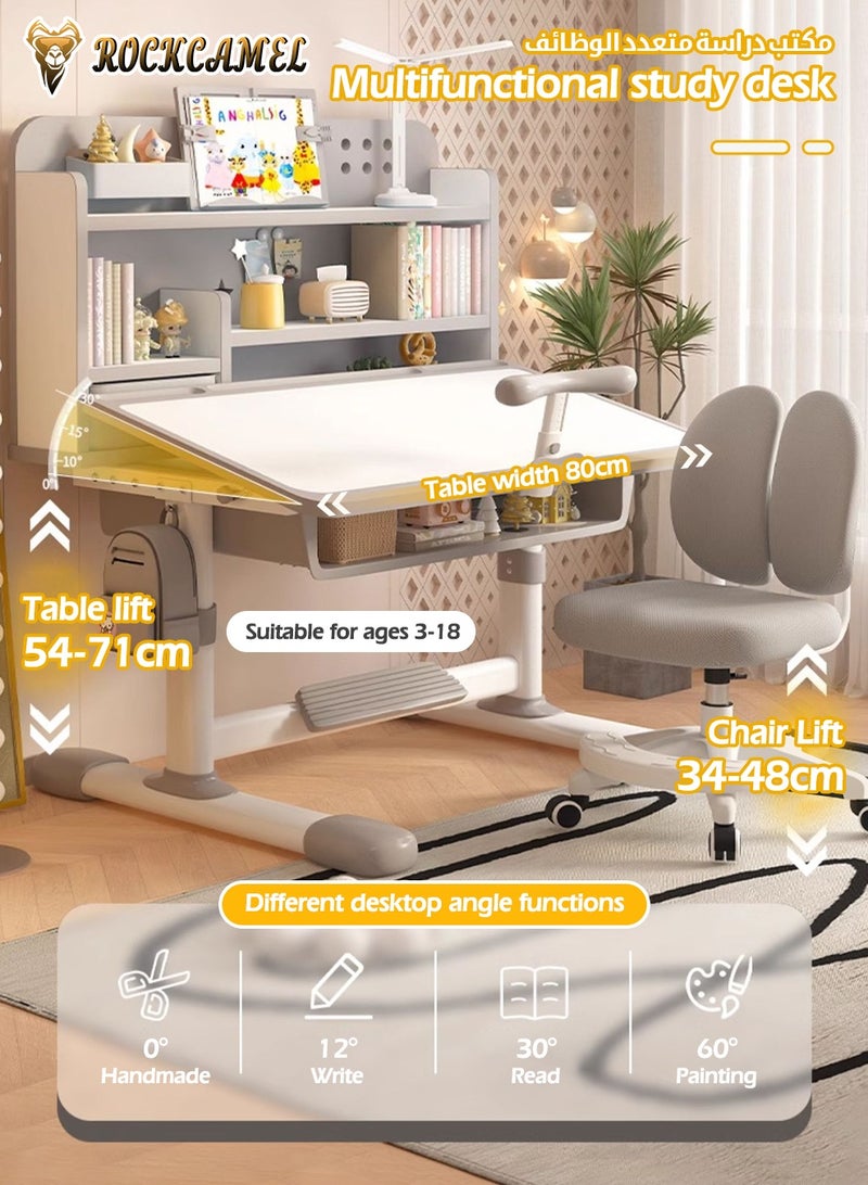 ROCKCAMEL Kids Study Desk & Chair Set, Height-Adjustable Learning Table with Bookshelf, Posture Corrector, Drawer Storage, 80cm Wide Ergonomic Learning Table for Bedroom | Reading | Online Classes, Grey - Image 4